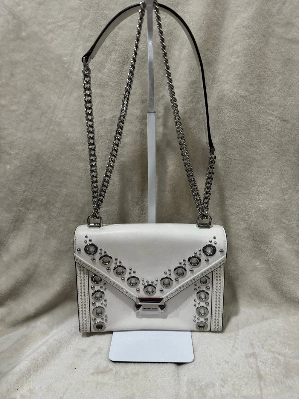 Michael Kors White Studded Crossbody Shoulder Bag with Silver Hardware